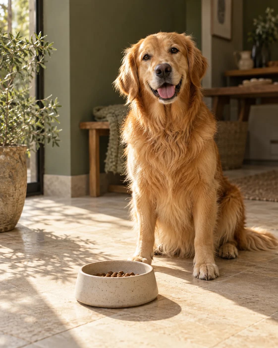 Golden Retriever im warmen Morgenlicht neben einem gefüllten Keramiknapf